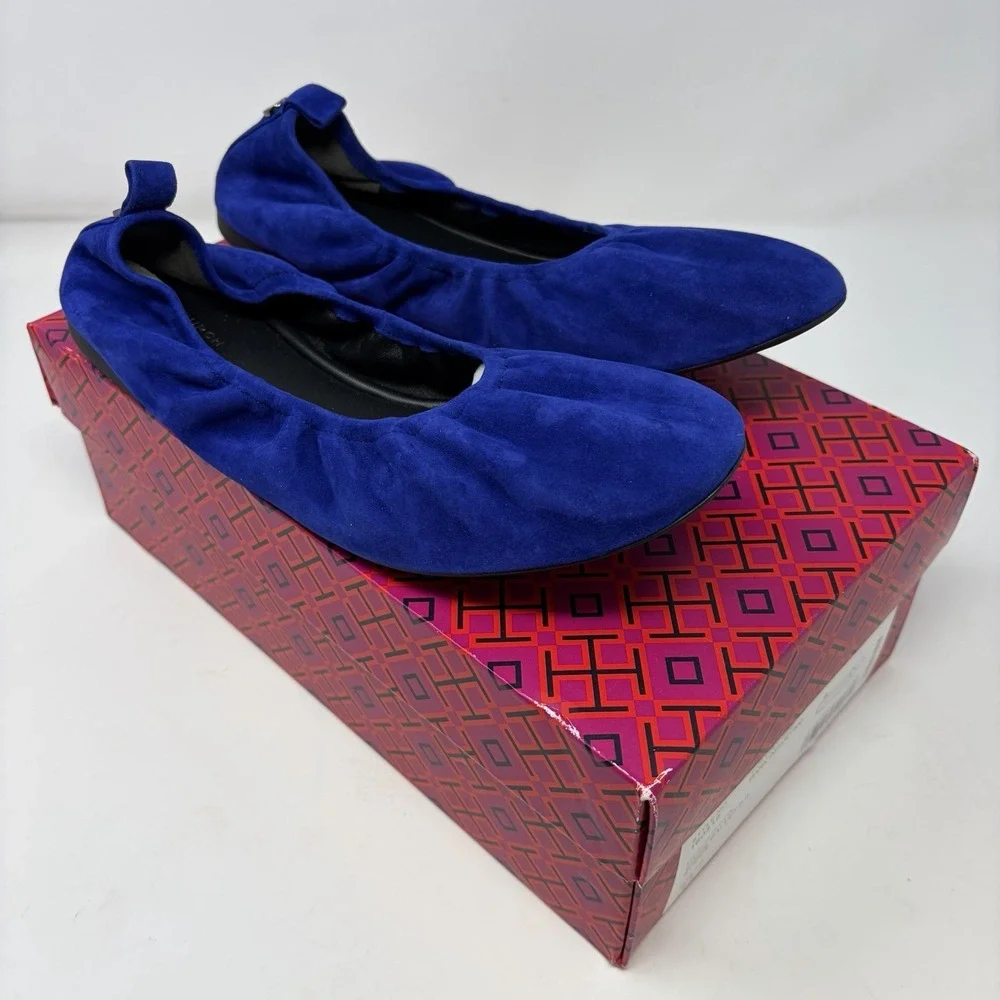 Tory Burch Eddie Ballet 2.0 Suede Flats Dark Indigo 400 Womens Size 9.5 NIB
